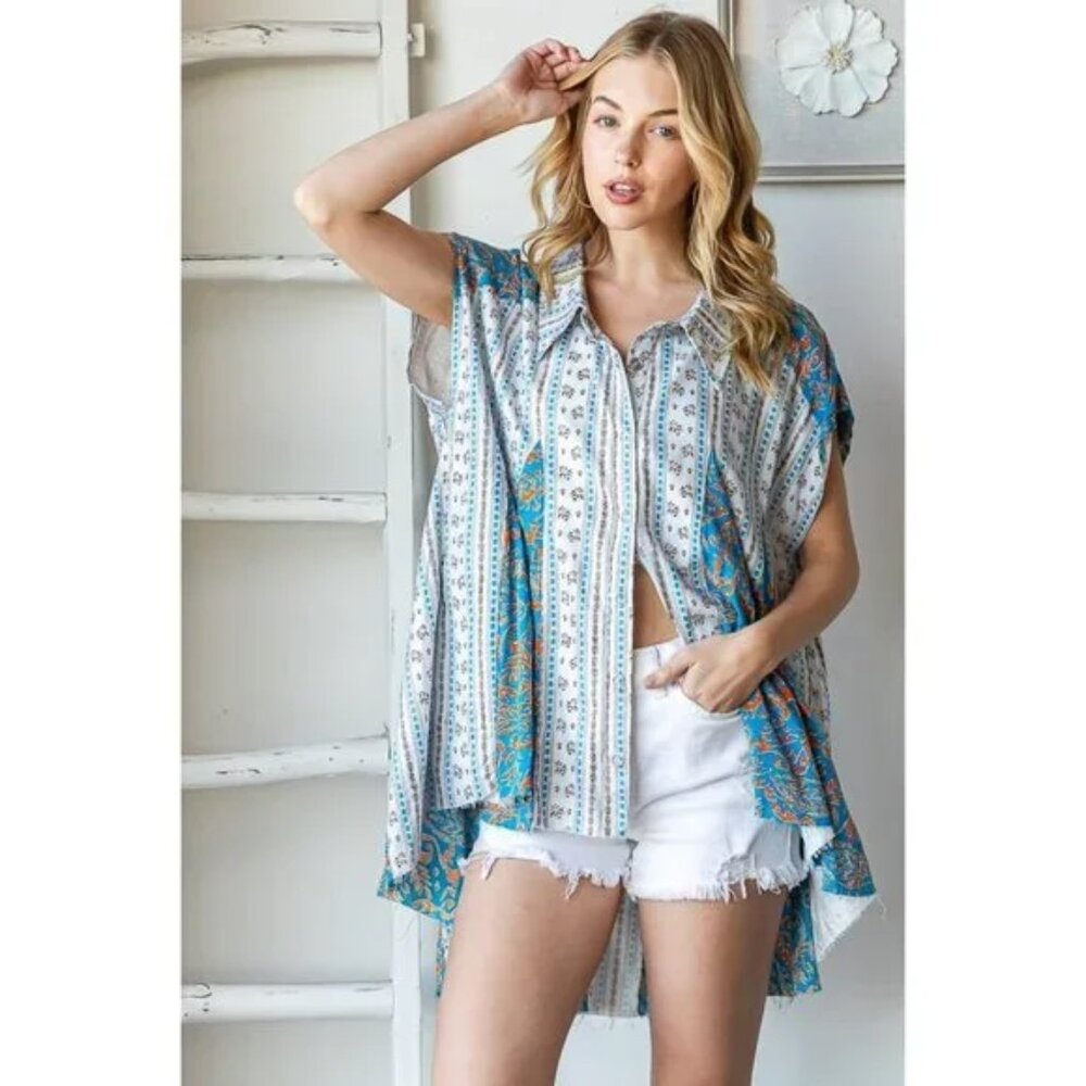 Oli & Hali Washed Printed Button Front Flare Hem Top NEW Size XL